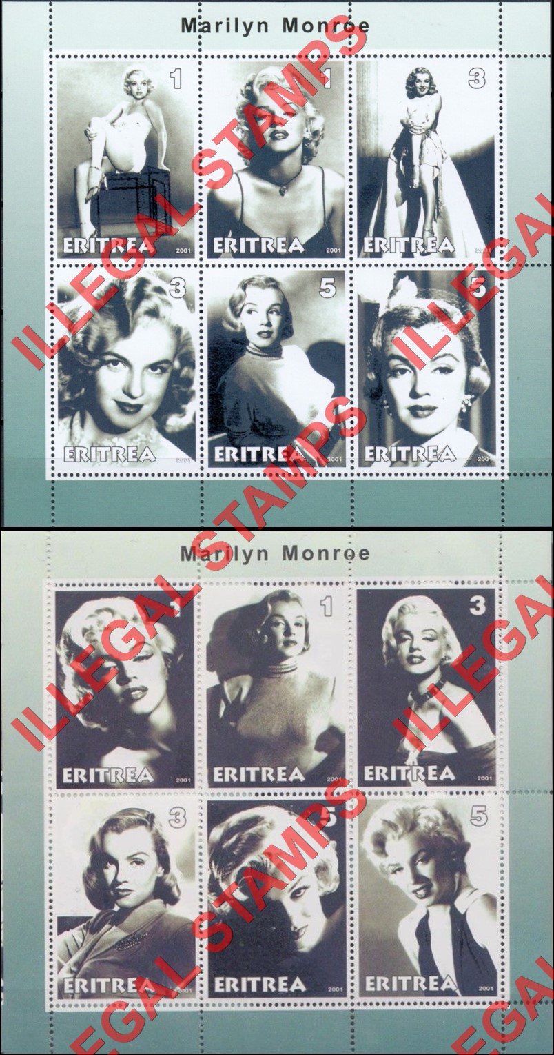 Eritrea 2001 Marilyn Monroe Counterfeit Illegal Stamp Souvenir Sheets of 6 Eritrea 2001 Marilyn Monroe Counterfeit Illegal Stamp Souvenir Sheets of 6